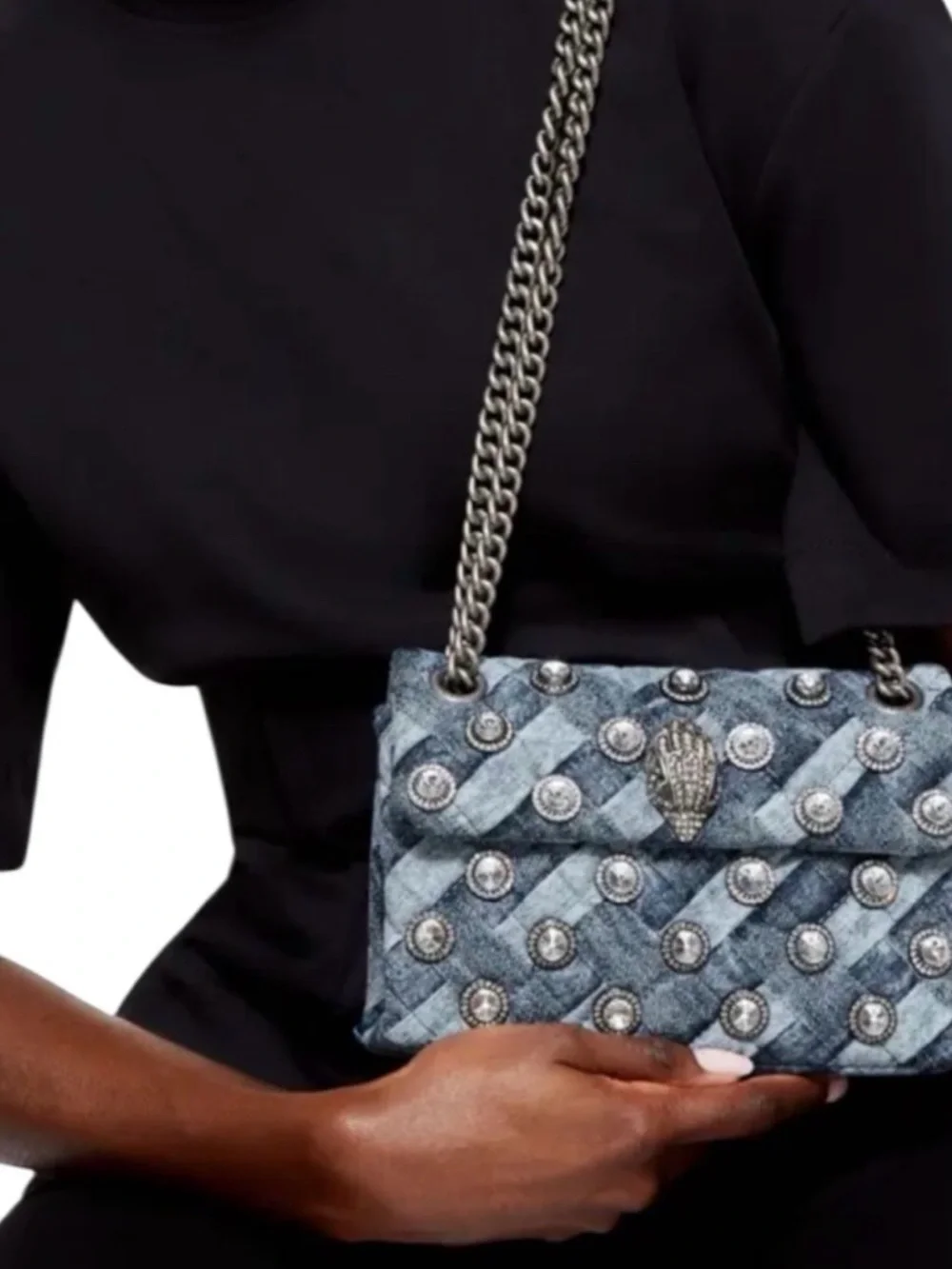 NWT Kurt Geiger Studded Quilted Denim Bag with Adjustable Chain Strap - 💙